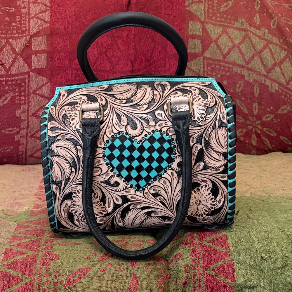 Women's Black Tooled Leather Medium Speedy!! With turquoise checked Heart Accent